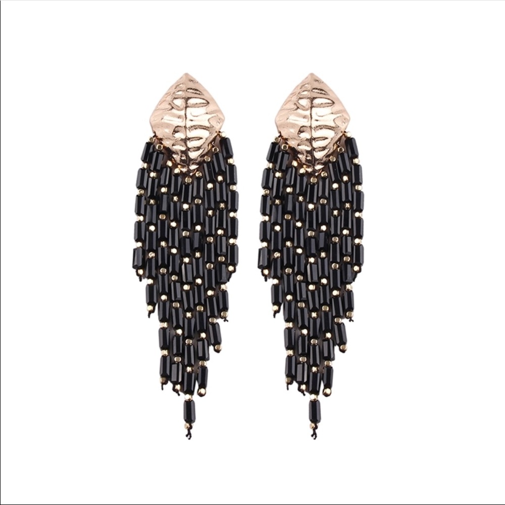 US Royalty Jewels Black Beads Tassel Earrings Drop